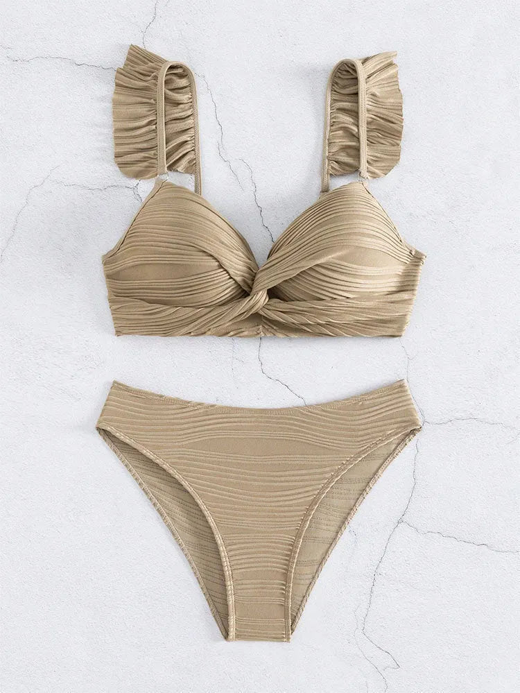 Solid colour women's polyester bikini swimsuit in black or khaki
