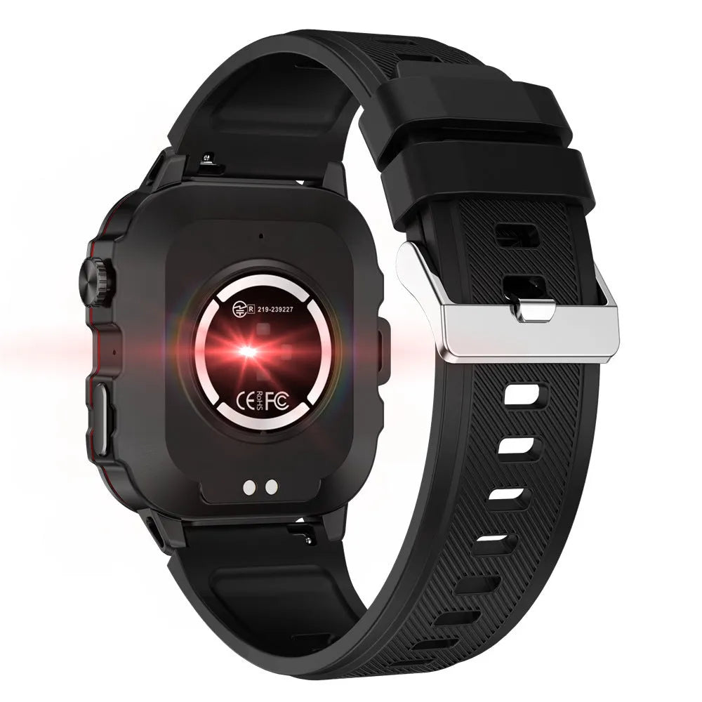 QX11 smartwatch in black or khaki with zinc alloy case, showing TFT screen displaying health data.