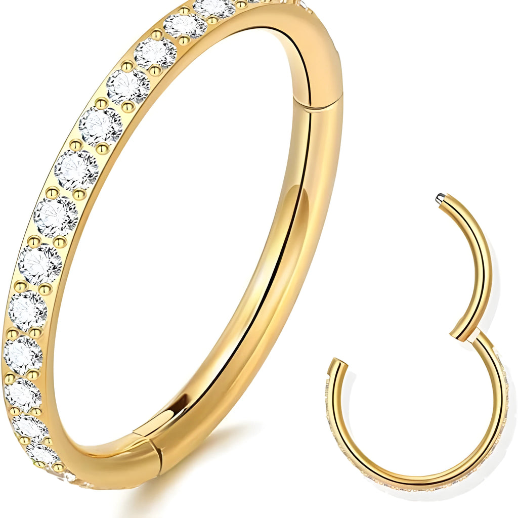 Stainless steel seamless nose ring with diamond front design in gold finish