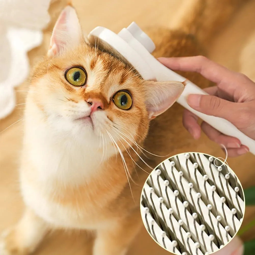 Blue self-cleaning cat brush with a rubber handle and a one-click button for hair removal.