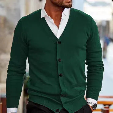Men's slim fit acrylic cardigan in a dark grey colour, showing long sleeves and button front.