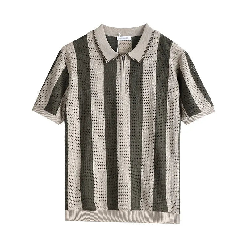 Men's striped ice silk short sleeve sweater with zip decoration detail in multiple colour options.