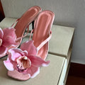 Pink satin square toe women's sandals with artificial phalaenopsis flower and mid heel
