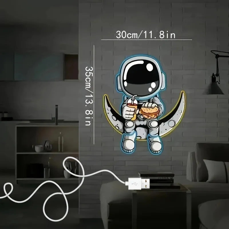 Astronaut wall mounted LED neon light in blue lemon yellow with USB power cord, 30x35cm plastic construction