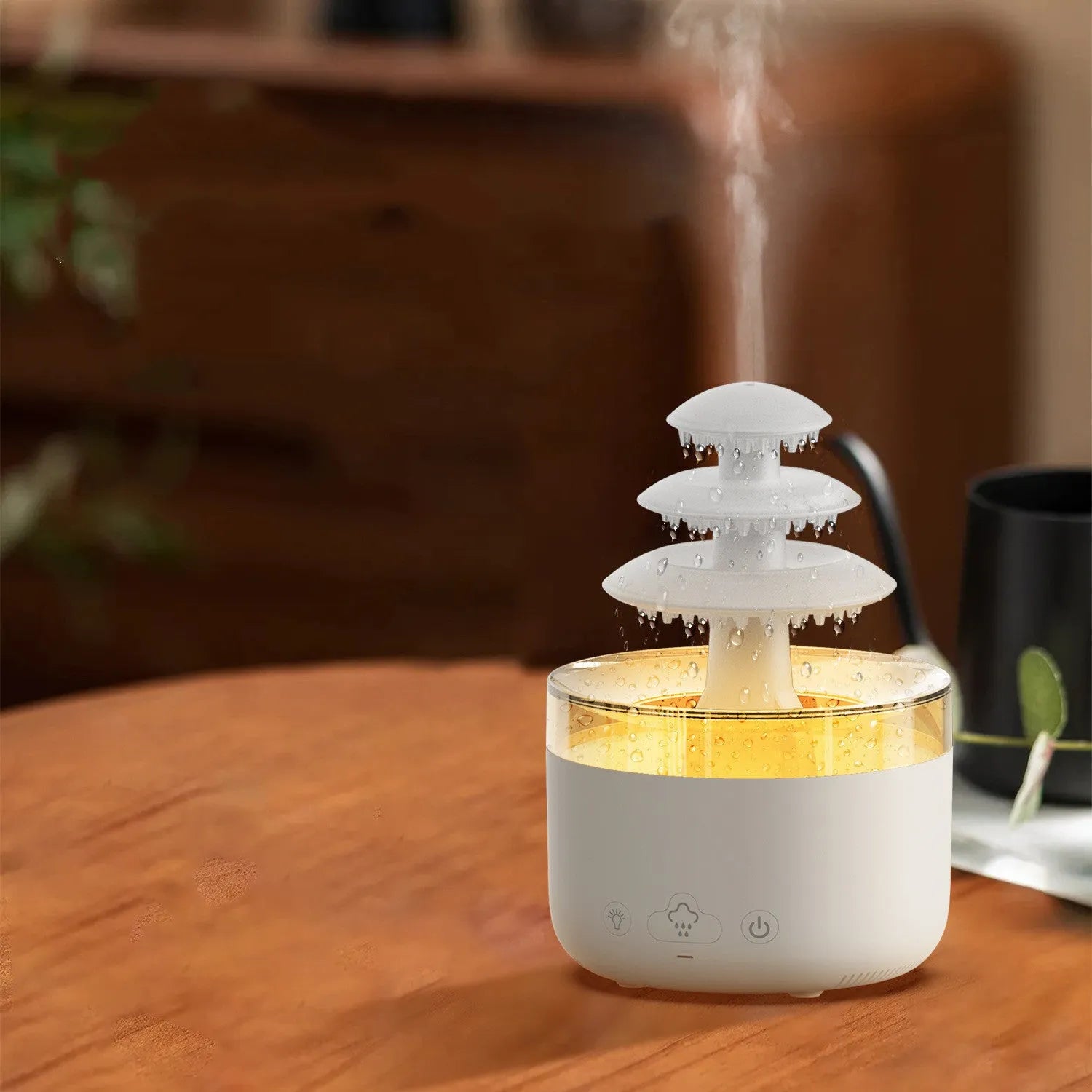 White plastic New Cloud Rain Air Humidifier with 500ml water tank and 7-colour atmosphere light on a wooden desk