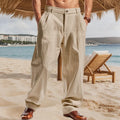Men's linen striped high waist wide leg trousers in light khaki, front view