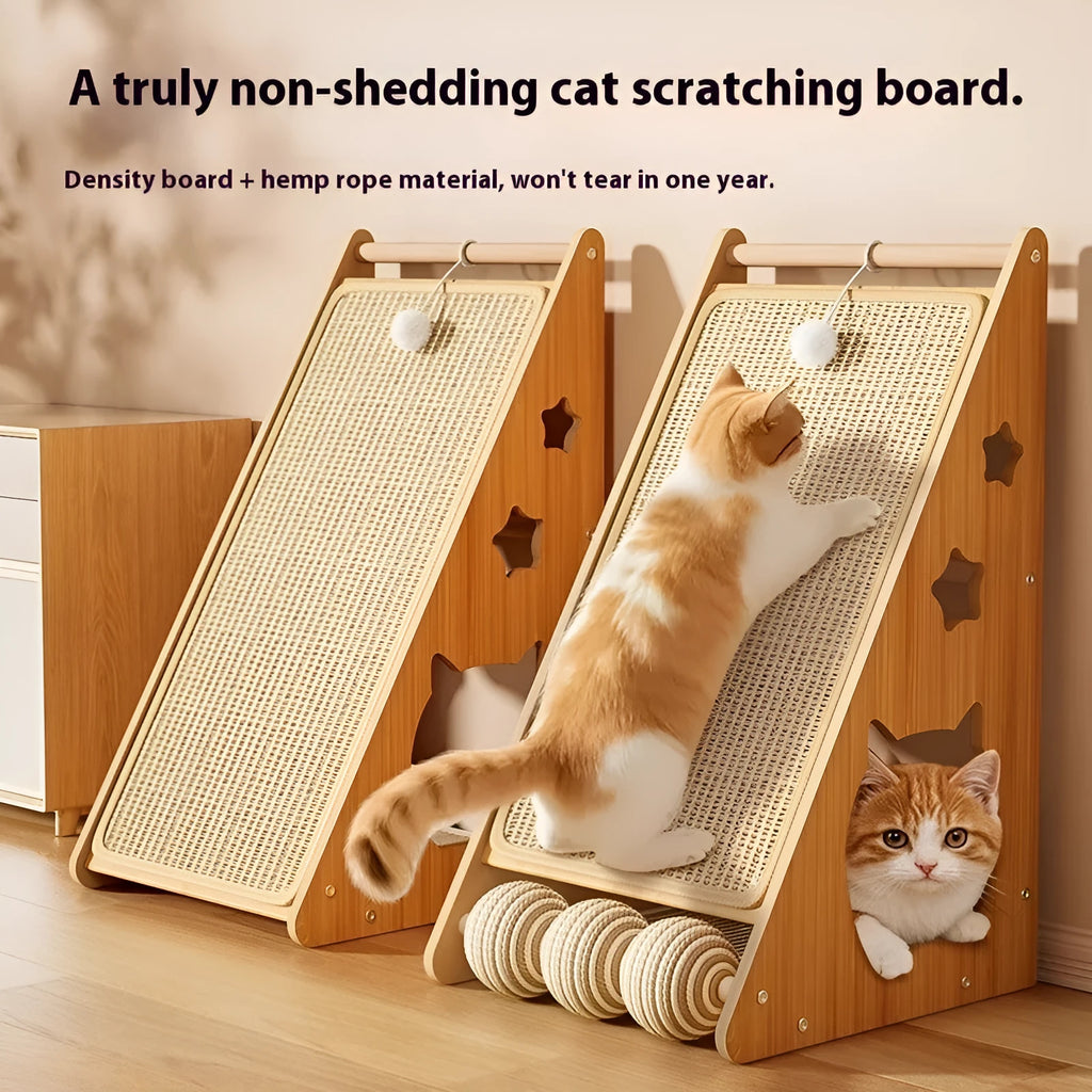 Vertical wall-sticking cat scratch board with sisal hemp rope and cat teasing ball style on a white wall