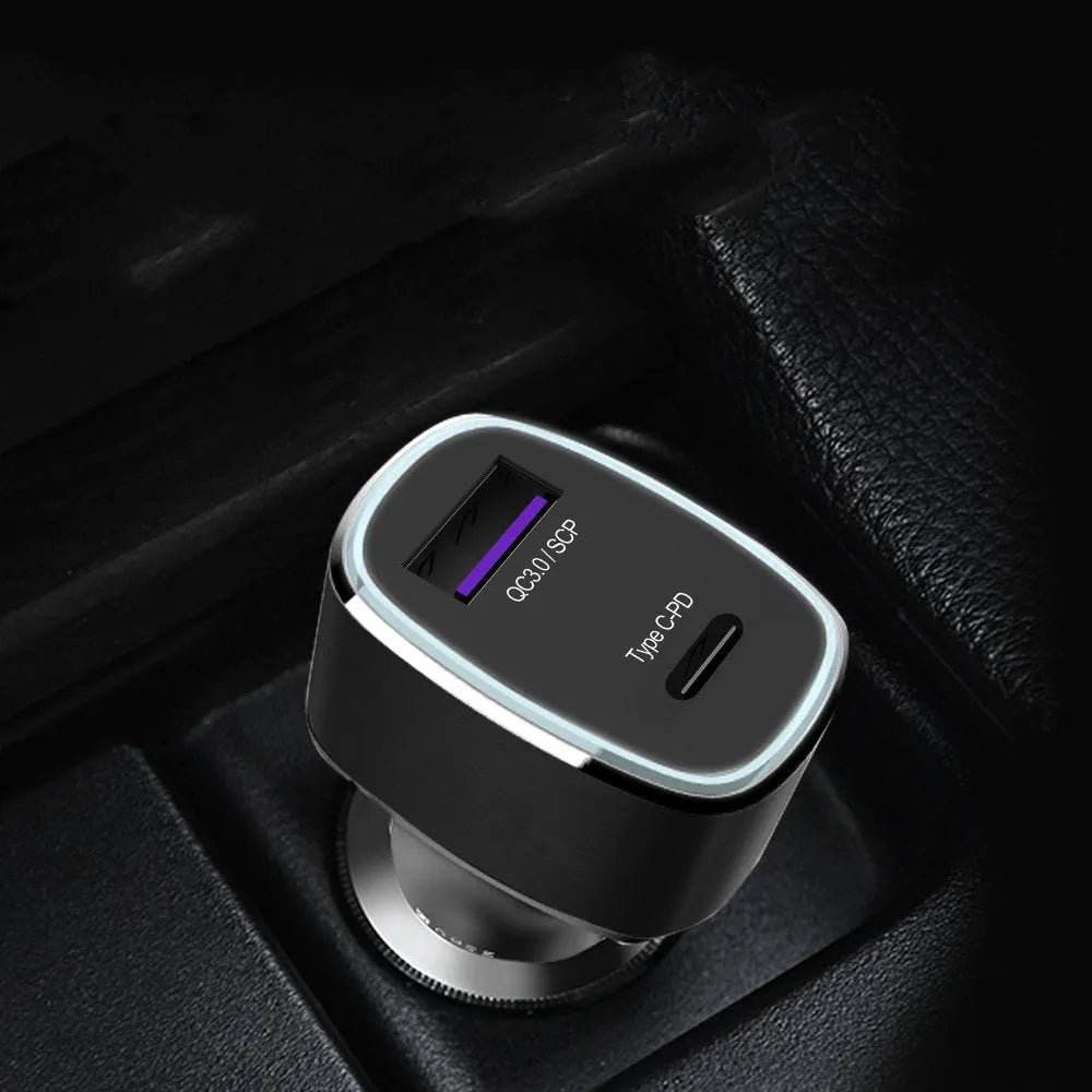 Car charger with dual USB and Type C ports, metal and PC construction, 12-24V fast charging