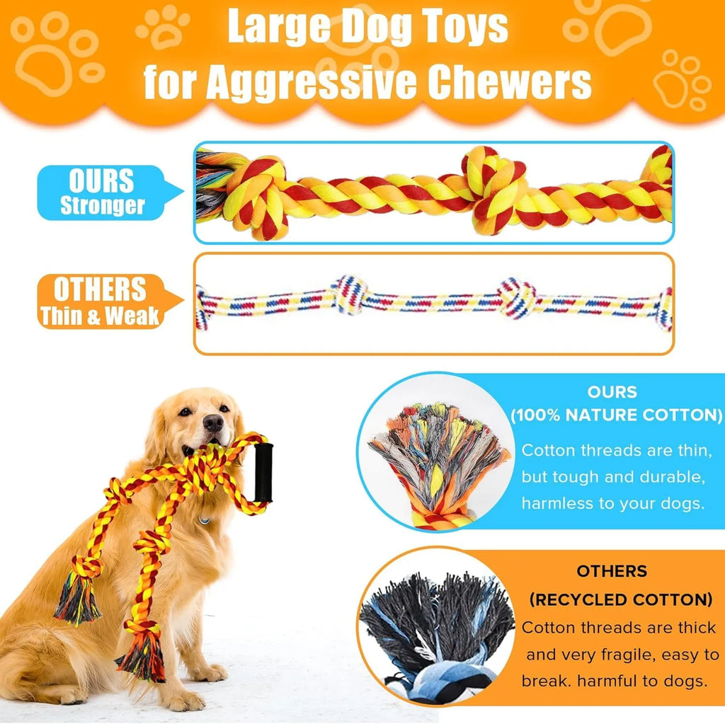 Blue and yellow heavy-duty cotton rope dog toy with ergonomic handle for tug-of-war