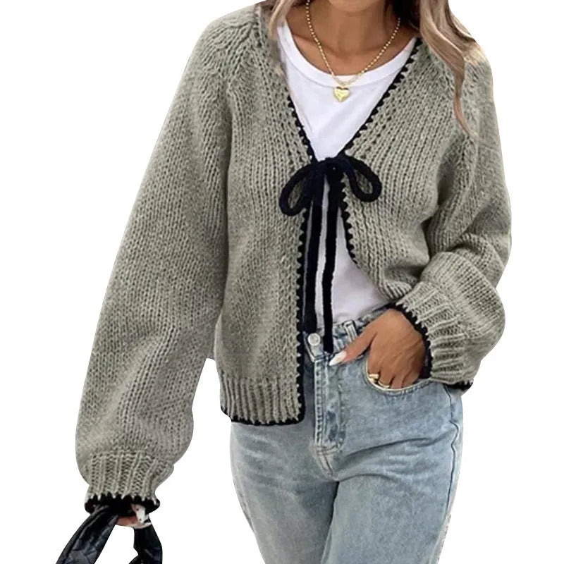 Women's solid colour lace-up cardigan with crocheted flowers, polyester knit, loose long sleeves