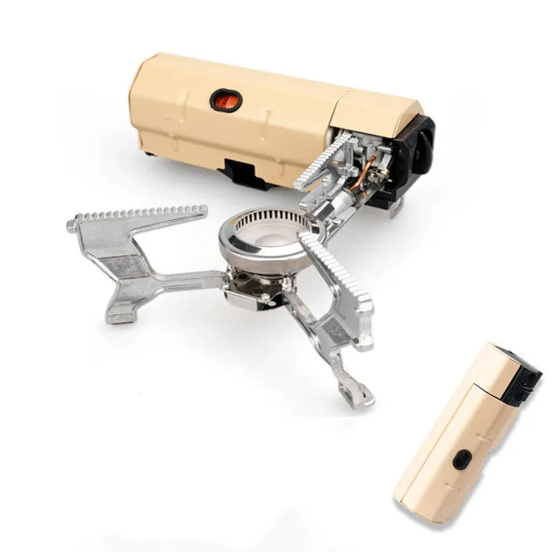Green folding camping gas stove with burner, serrated bracket, and anti-slip feet on a tabletop