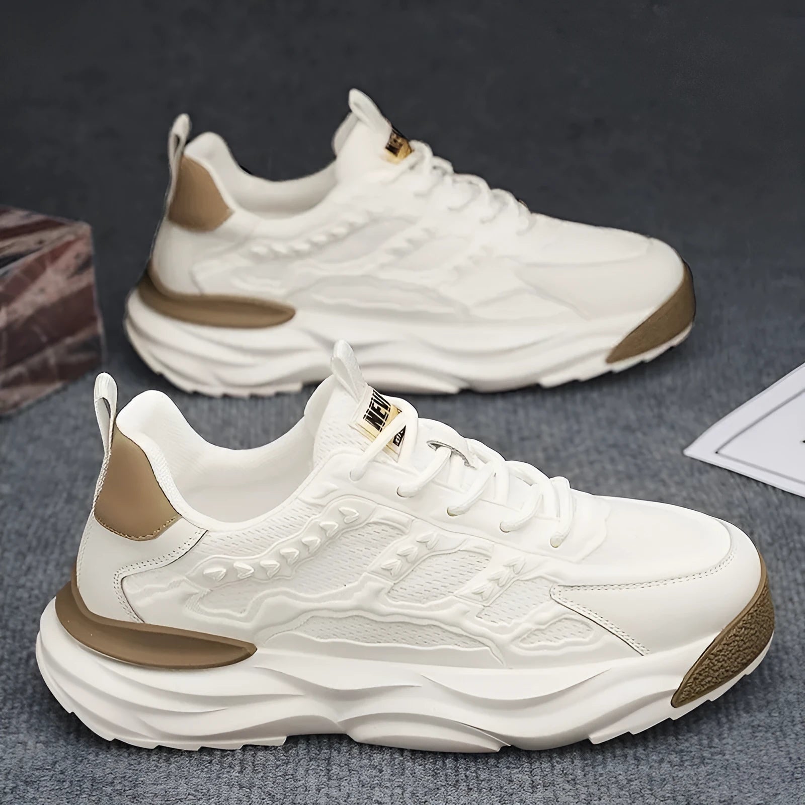 Men's white and black breathable mesh shoes with round toe design