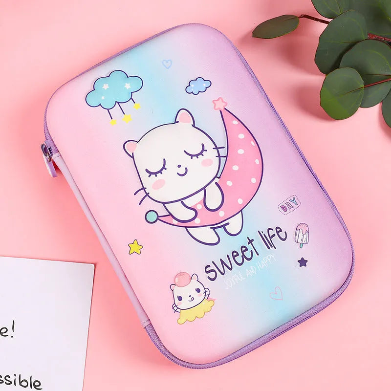 Canvas pencil case with large capacity and cute rabbit cartoon print, square shape for school use