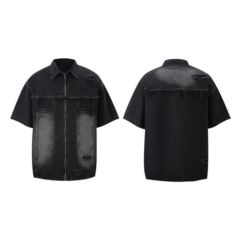 Denim overall suit two-piece set in black with short sleeve top and loose trousers, leisure style coordinated outfit