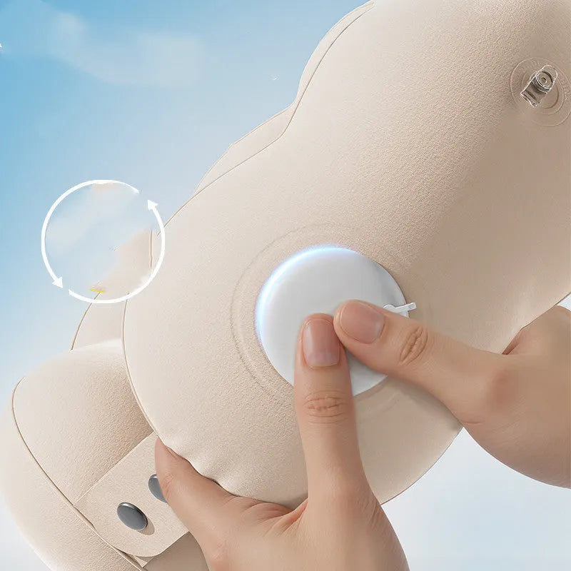 Portable inflatable cloud bubble U-shaped travel neck pillow deflated on a surface showing cartoon design