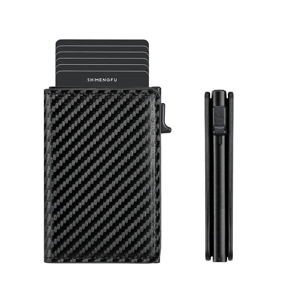 Pop-up aluminum alloy card wallet in retro style with anti-theft protection, available in multiple colours