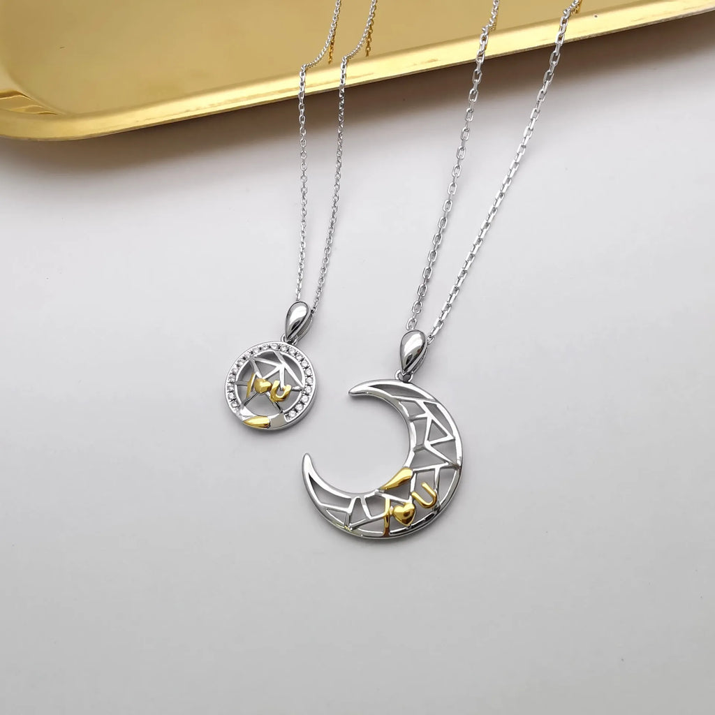 Sun and moon couple necklace set with electroplated copper pendants and cross chain
