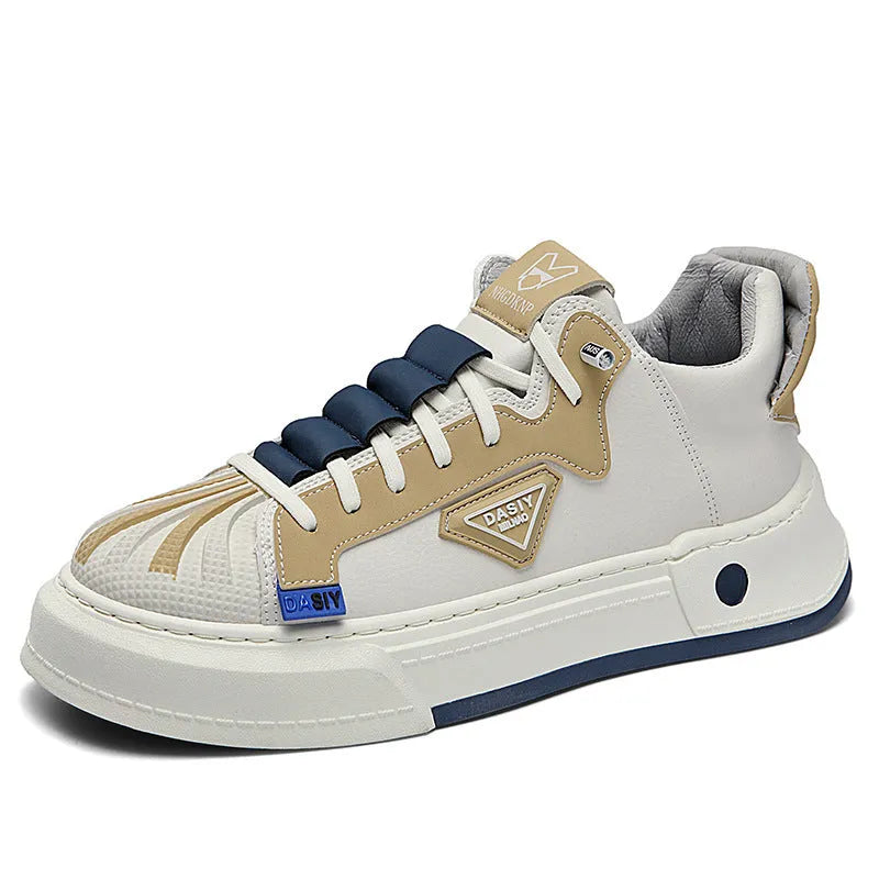 Men's beige casual sneakers with elastic band fastening and leather stitching detail