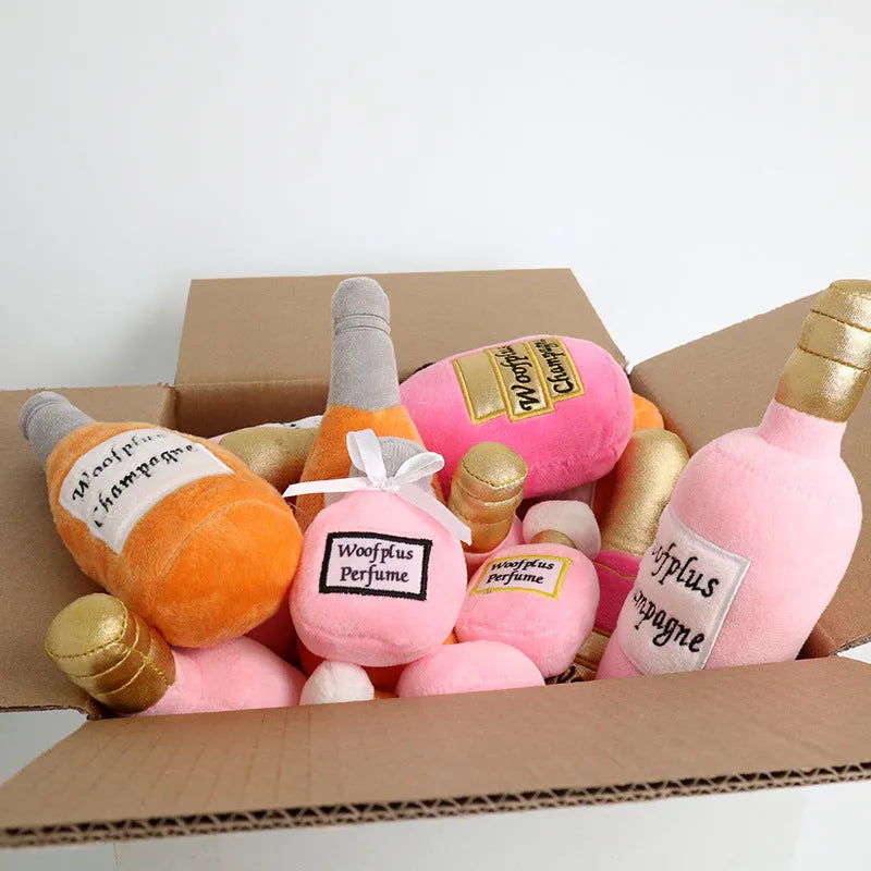 Plush wine bottle dog toy with squeaker in assorted colours