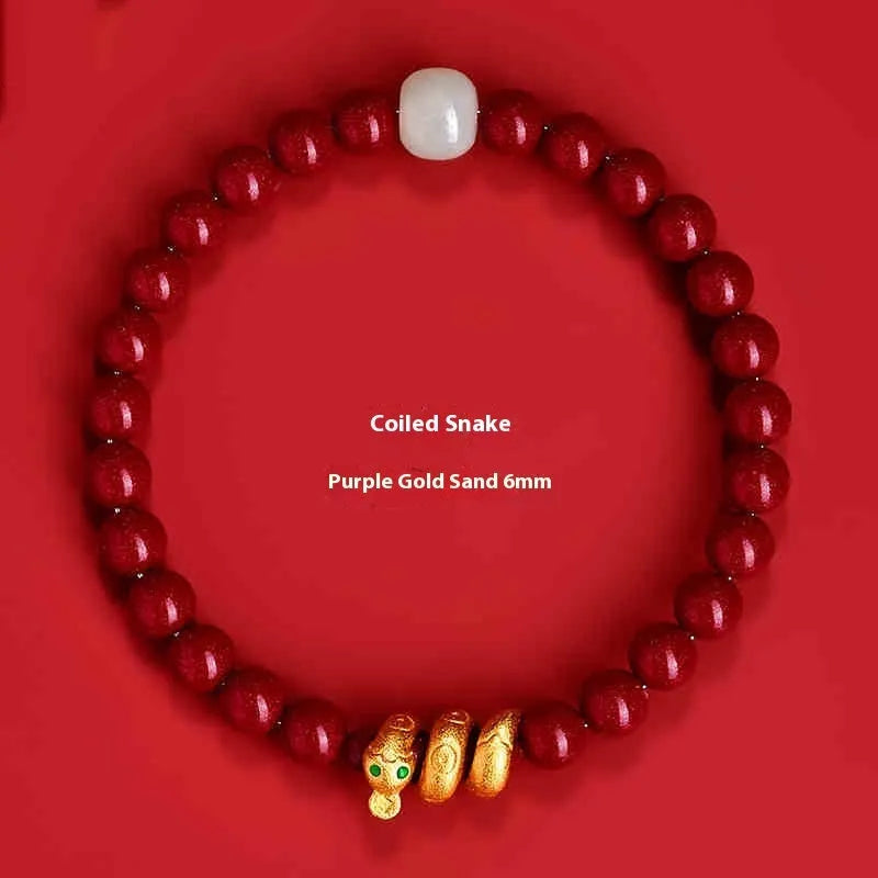Handmade cinnabar snake bracelet with roll beads in 6mm or 8mm size for Chinese zodiac year