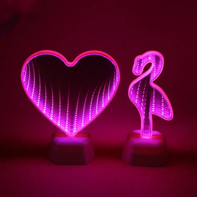 Plastic double-sided LED love tunnel light with rose red illumination on a dark background.