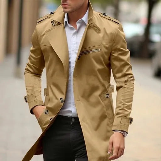 Men's plus size lapel casual jacket in army green, shown mid-length with side pockets.