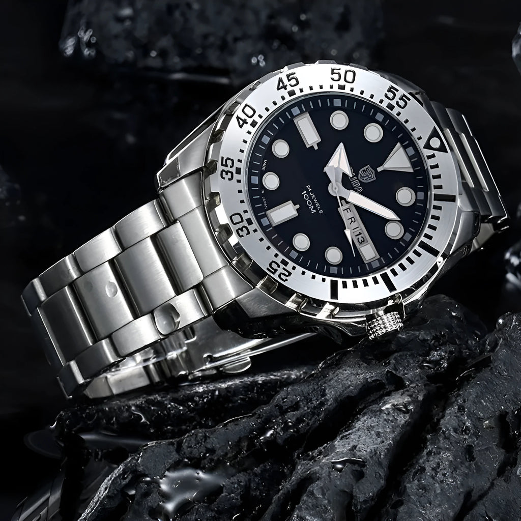 Waterproof luminous quartz men's watch with steel strap and blue dial, 15mm case thickness