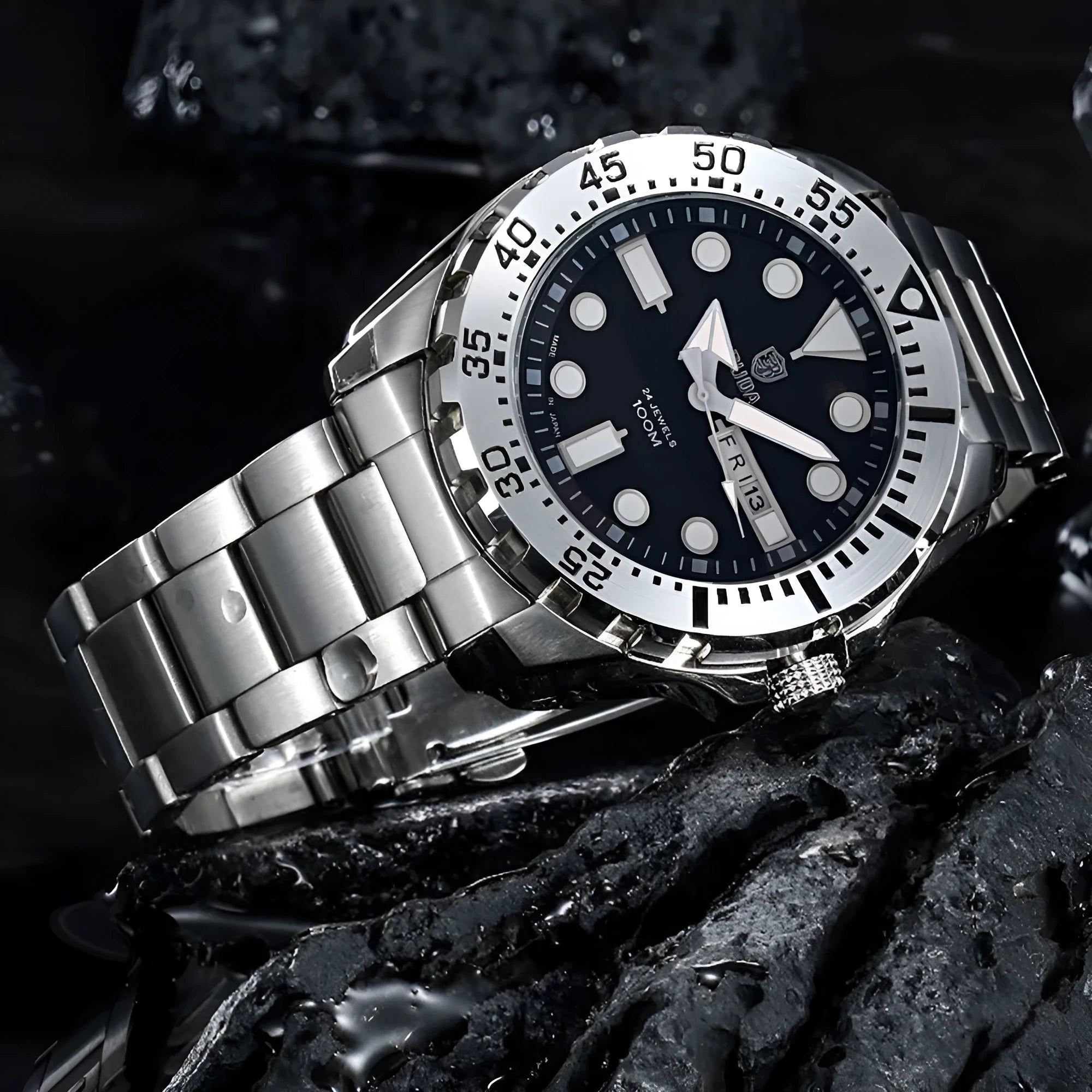 Waterproof luminous quartz men's watch with steel strap and blue dial, 15mm case thickness