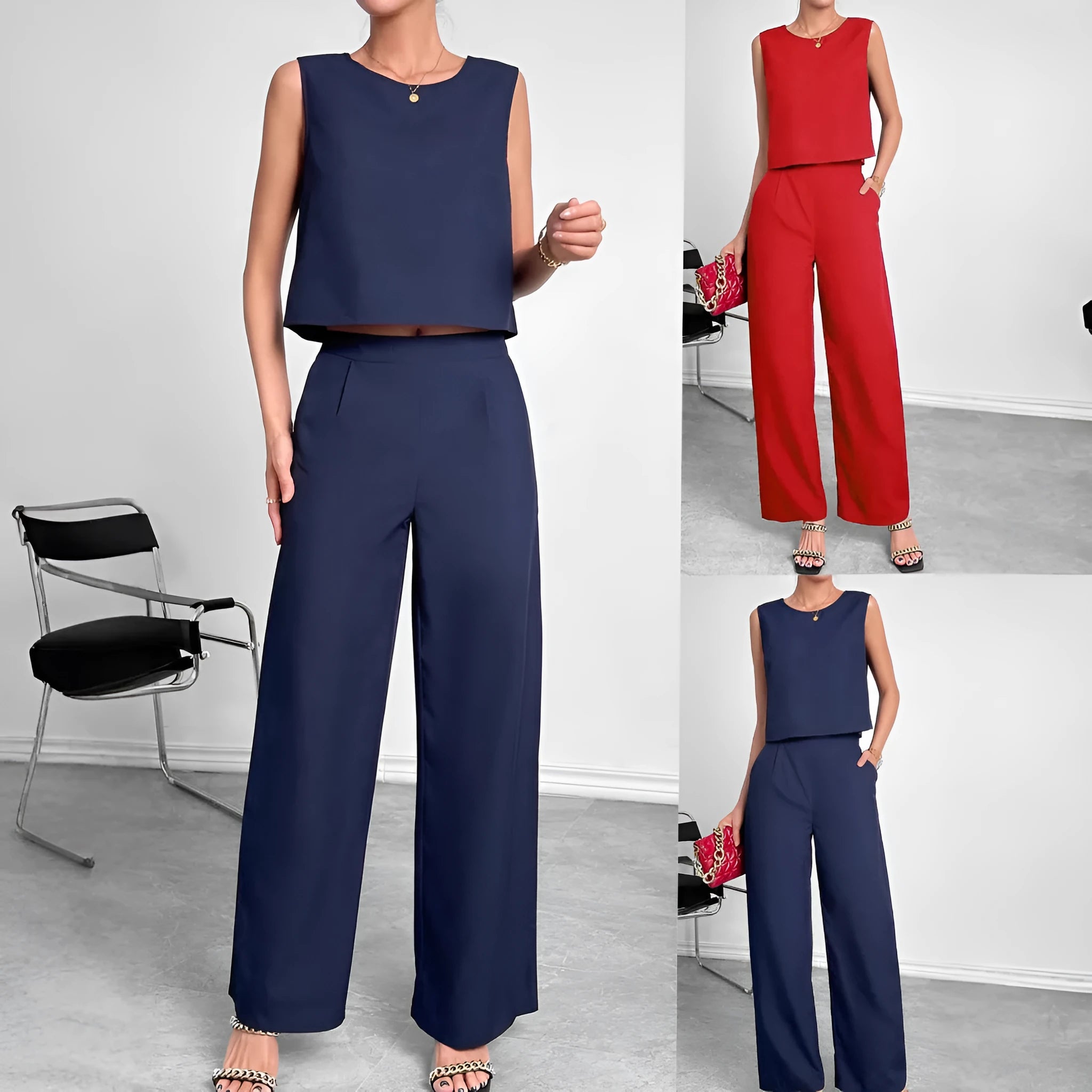 Red sleeveless top and wide-leg trousers two-piece set on a hanger.