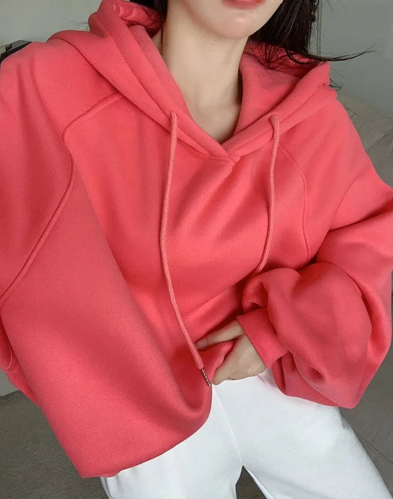 Women's watermelon red mulberry silk hooded pullover sweater with loose fit