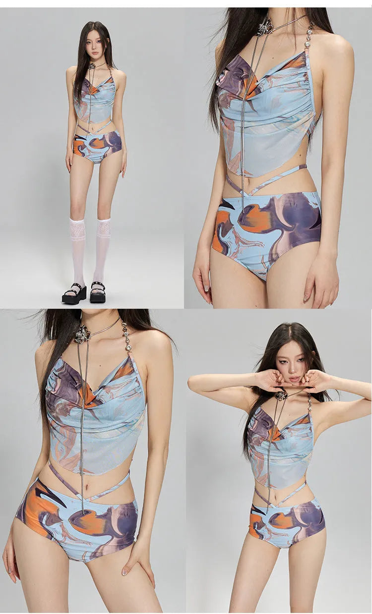 Women's three-piece bikini swimsuit in blue printing with steel support push-up bra and matching skirt