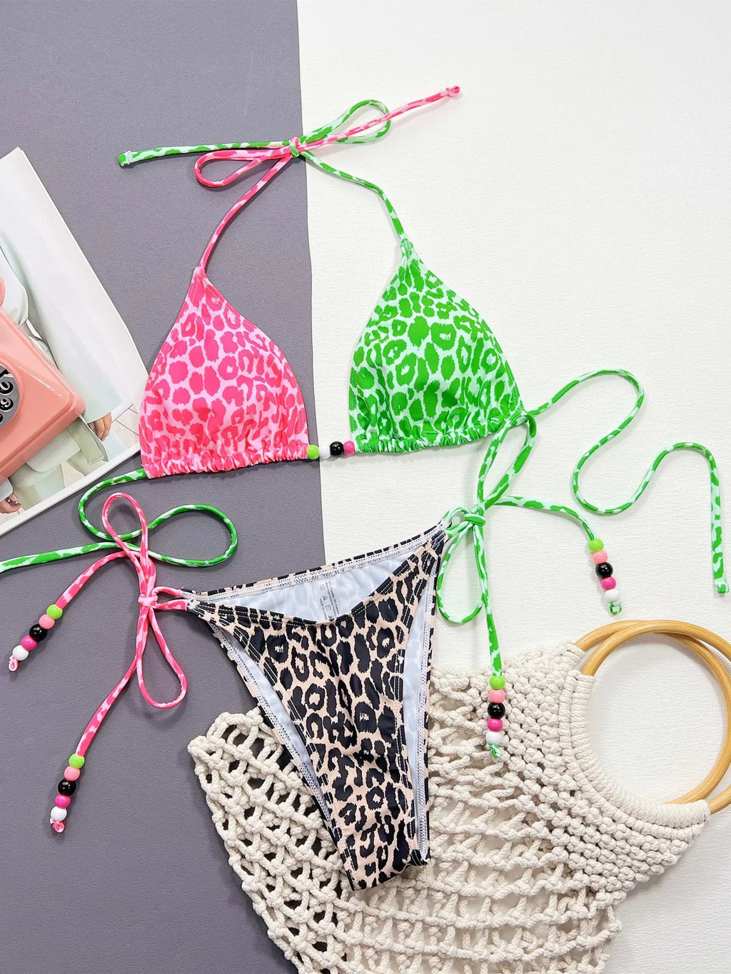 Women's leopard print bikini set with bra and brief panties in polyester and spandex lining