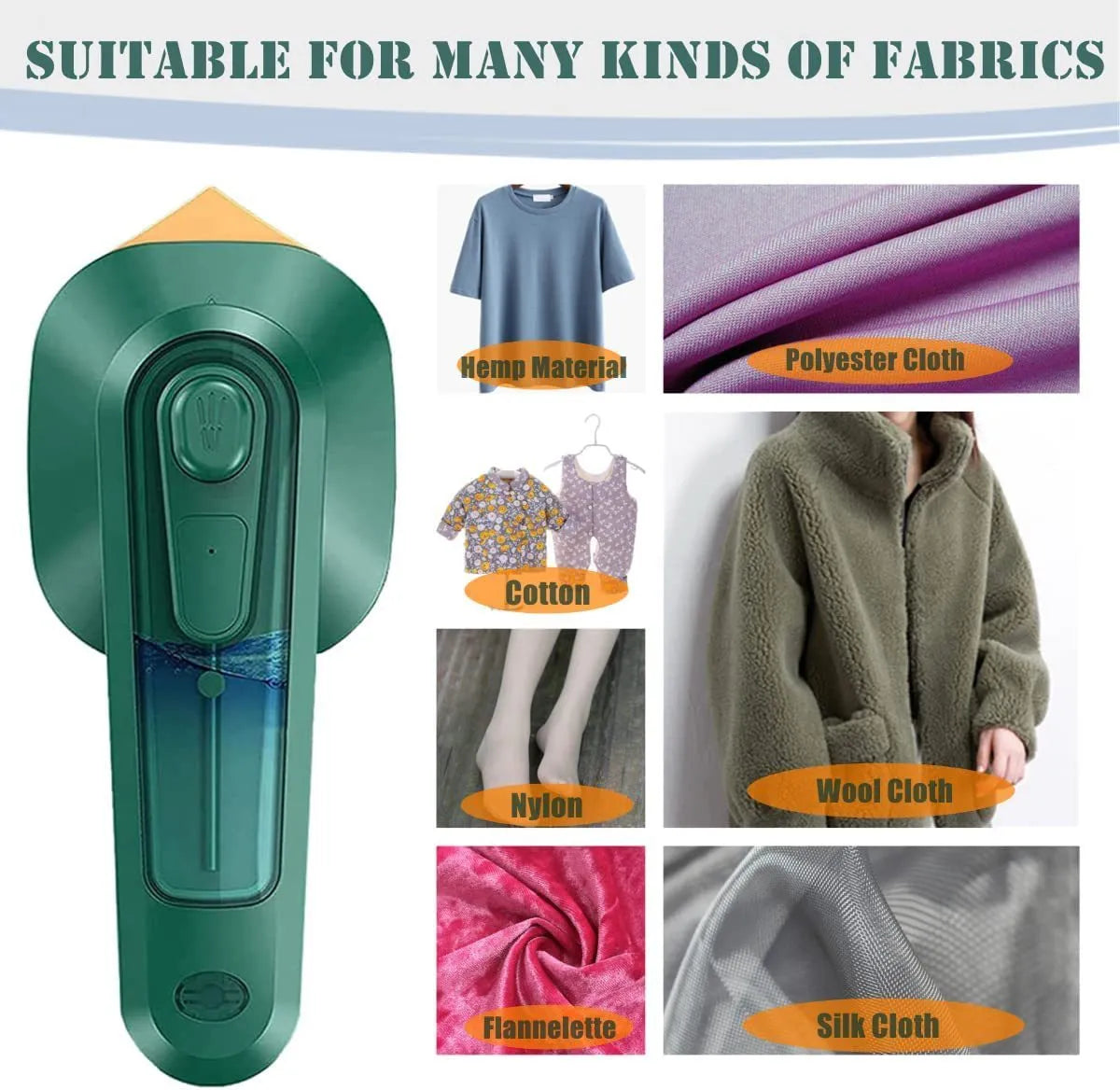 Handheld portable garment ironing machine in dark green with large titanium panel, UK plug