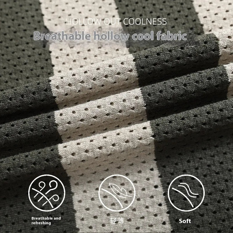 Men's striped ice silk short sleeve sweater with zip decoration detail in multiple colour options.