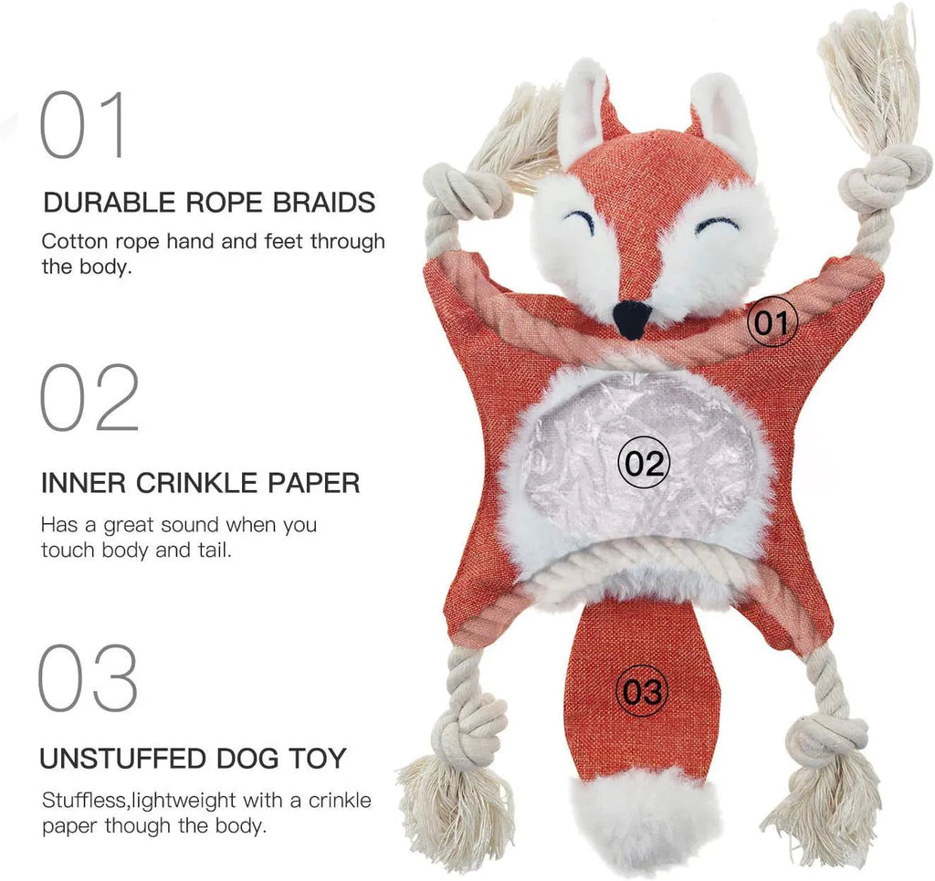 Brown plush fox dog toy with embroidered eyes, cotton rope limbs, and a squeaker in its head.