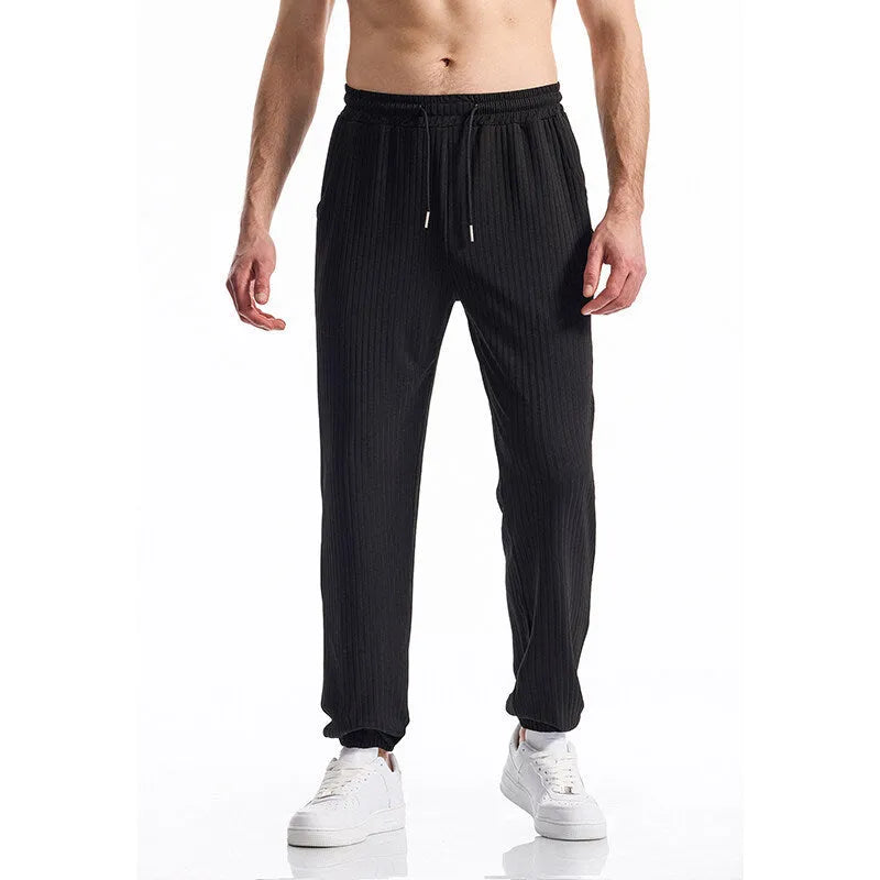 Silky rib fabric casual baggy straight trousers in black, white, and khaki with drawstring mid-waist