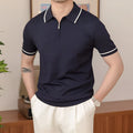 Slim knitted retro polo shirt for men in coffee colour, short sleeves, washed viscose-polyester blend, front view