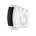 Small white desktop electric warm air blower heater with power controls.