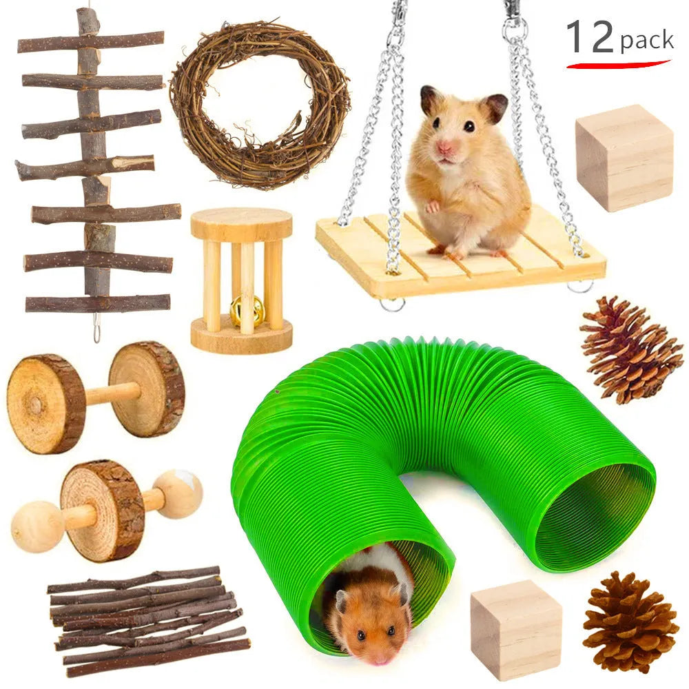 Assortment of natural wooden chew toys for small pets including mats, balls, and rings.