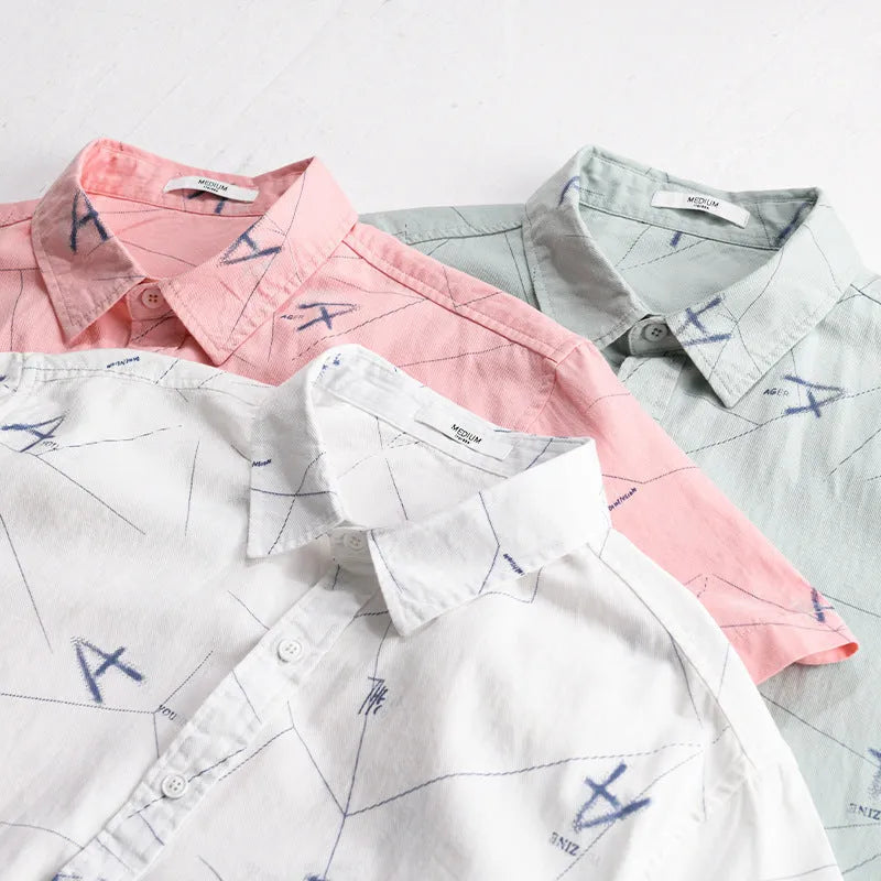 Letter printed short sleeve shirt in pure cotton, loose cardigan style, available in white, light pink, light green, sizes M to 3XL