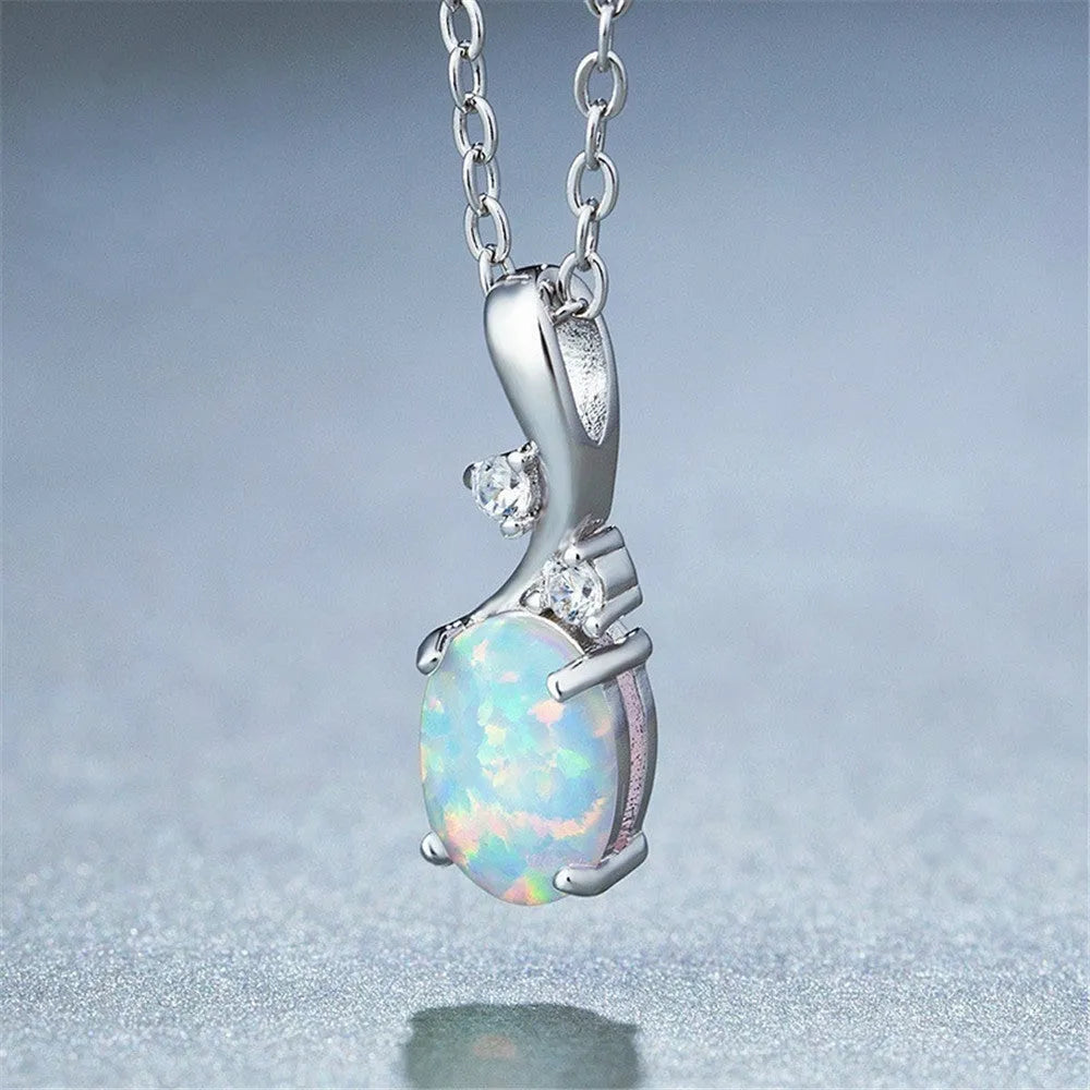 Water drop shaped opal pendant necklace on adjustable O-shaped alloy chain in rose gold finish