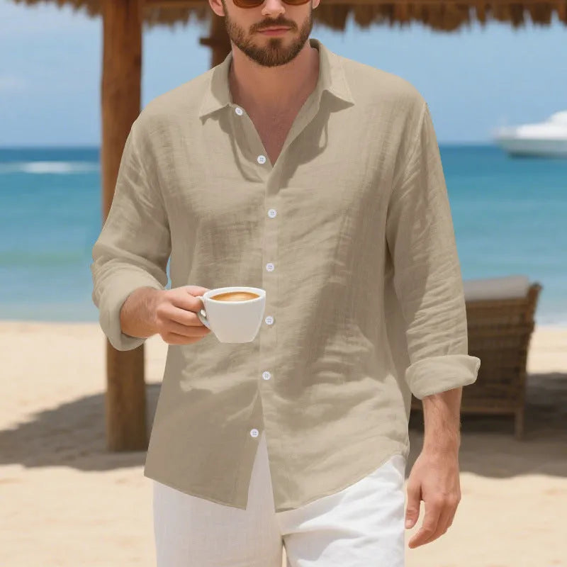 Men's loose-fit casual linen shirt in multiple colours on a hanger.