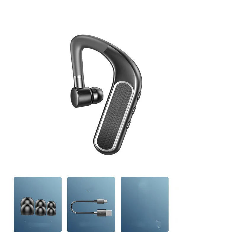 Black Bluetooth earphone with hanging ear design and silicone ear cap, shown with spare ear caps and charging cable.