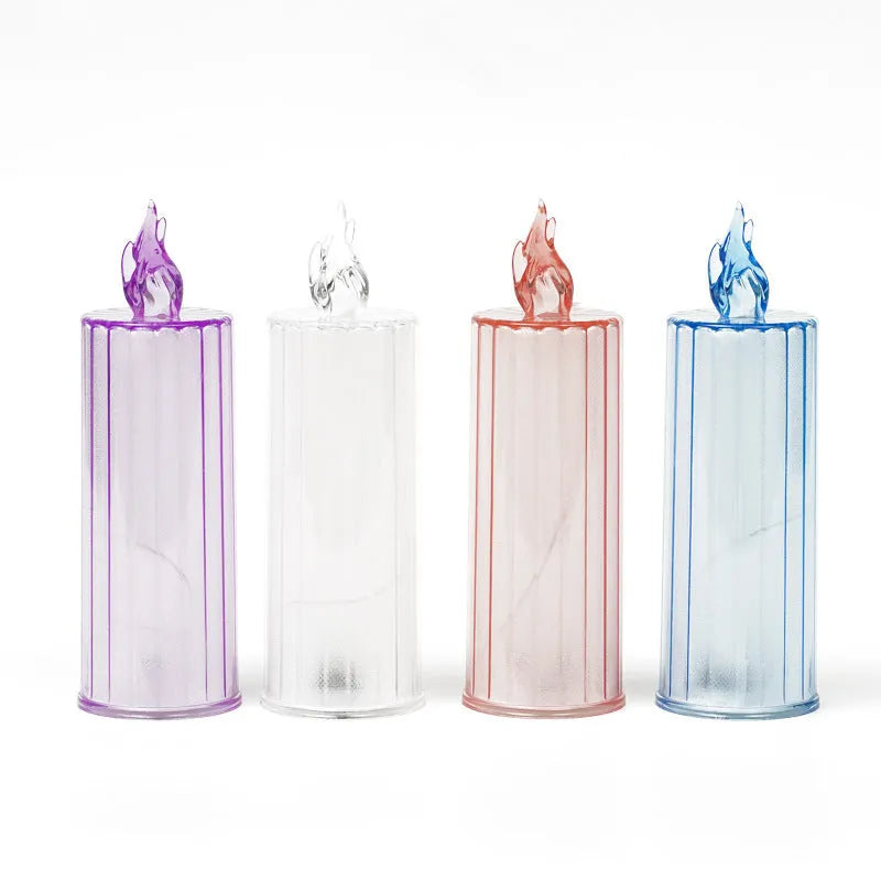 LED electronic candle lamp in ABS plastic with diamond style pattern, transparent colour, shown with base