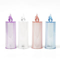 LED electronic candle lamp in ABS plastic with diamond style pattern, transparent colour, shown with base