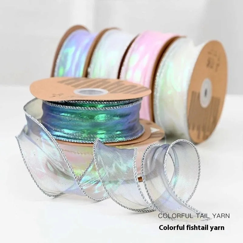 Colourful fishtail yarn mesh ribbon roll with decorative edge design for floral arrangements
