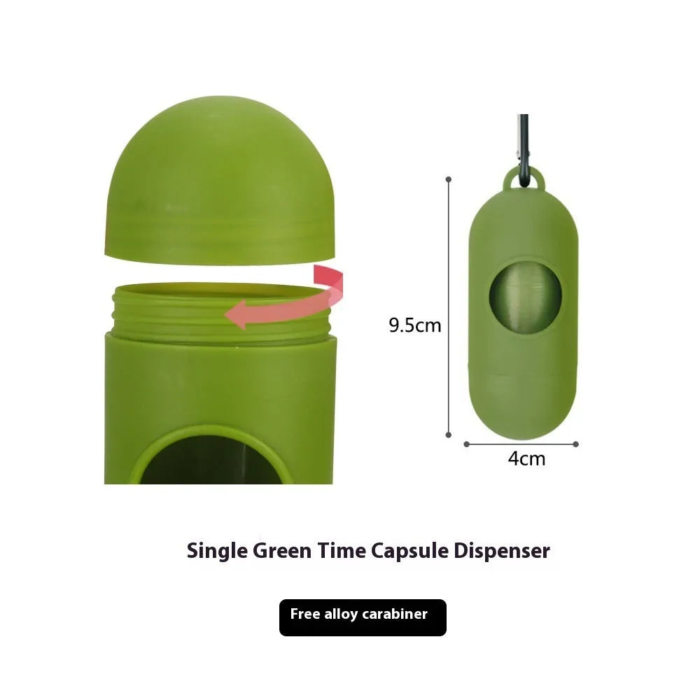 Rolls of green and black EPI degradable thickening pet waste bags with a portable dispenser