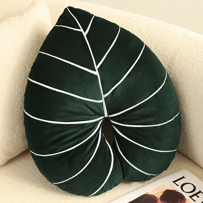 Green plant pillow with embroidered philodendron pattern on plush fabric, large size decorative cushion for home