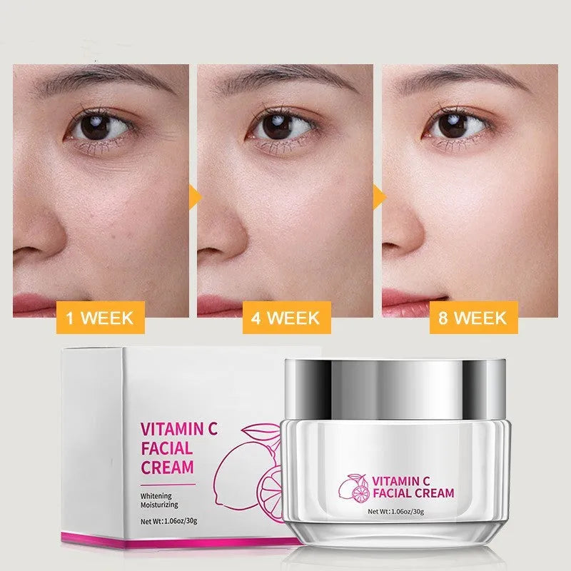 Square white jar of vitamin C face cream, 30g net content, showing product dimensions.