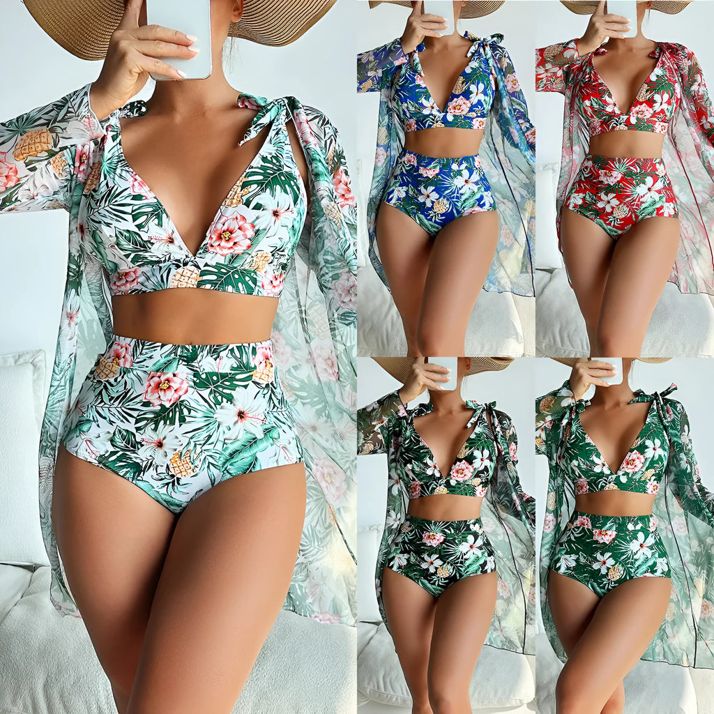 Women's multicolour floral print three-piece bikini set with bra, shorts, and long-sleeve sunscreen shirt.
